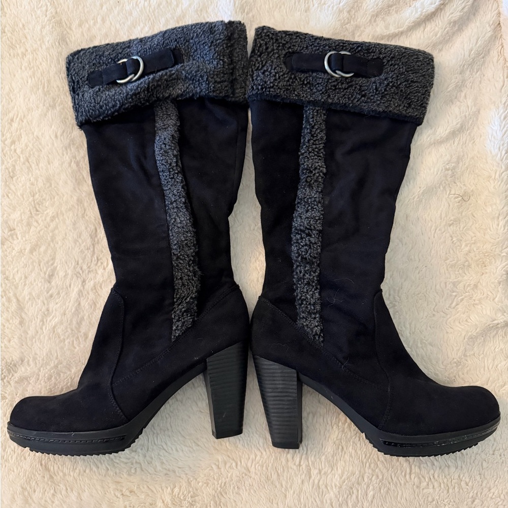 NEW Naturalizer | Trinity Black Suede Shearling-Trim Tall Heel Boots | Wide Calf